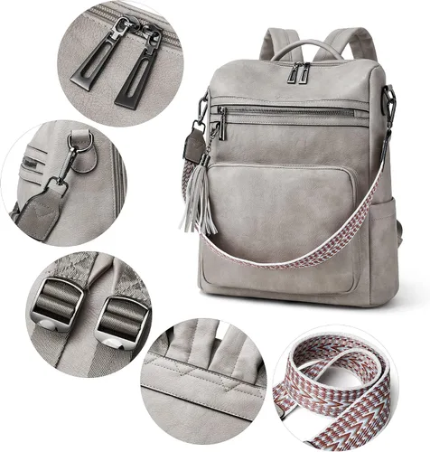Miniatura 10 de OPAGE - Mochila de cuero para mujer, con borla de moda, bolso de hombro, mochila grande, bolsa de viaje, gris, L