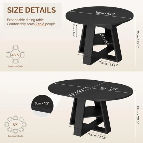Miniatura 2 de Aivermel Mesa de comedor ovalada extensible de 43.3 a 59 pulgadas para 4-6, mesa de comedor redonda de madera de ingeniería con almacenamiento