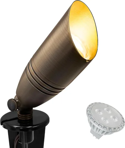 GKOLED Foco de paisaje de latón macizo con certificación UL, luz vertical direccional de bajo voltaje para exteriores, con bombilla LED MR16 de 5 W
