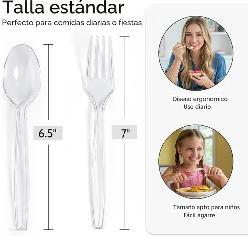 Miniatura 2 de Juego de cubiertos de plástico desechable de plata [200 unidades], juego de tenedores y cucharas de plástico resistentes, juego de cubiertos