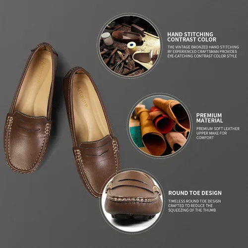 Miniatura 4 de Artisure Mocasines clásicos de cuero genuino para mujer, mocasines de conducción, mocasines casuales sin cordones, zapatos de barco cómodos y a