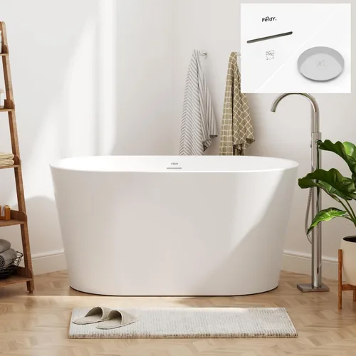 Miniatura 59 de FerdY Shangri-La - Bañera de acrílico independiente de 67 pulgadas, bañera de remojo de acrílico de forma ovalada clásica con desagüe de níquel