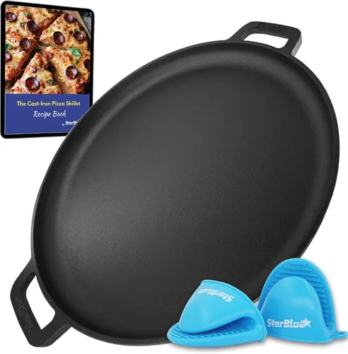 Sartén de Pizza Redonda/Plancha de Hierro Fundido de 16 Pulgadas por StarBlue con Asas de Silicona GRATIS y Libro Electrónico de 30 Recetas – Comal