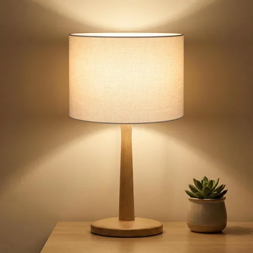 Lámpara de mesa de madera natural maciza de 16.3 pulgadas con pantalla de tambor de lino para sala de estar, lámpara de mesita de noche regulable