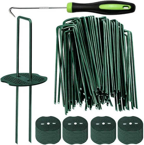 Bakulyor 100 piezas de estacas grapas para césped artificial verde + 100 piezas de arandelas amortiguadoras, grapas para paisajismo de 6 pulgadas