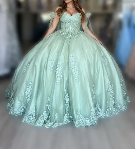 Miniatura 4 de Vestidos de quinceañera con hombros descubiertos vestidos de tul hinchados para vestido de 15 años de encaje apliques vestido de fiesta Ftu01