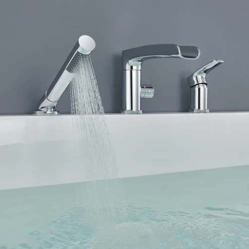Miniatura 6 de Wowkk Grifo de Cascada para Bañera Romana Grifo de Montaje en Cubierta Cromado Grifos de Bañera Relleno de Latón Grifos de Baño con Ducha de Mano