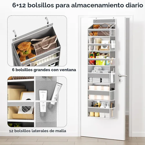 Miniatura 4 de Mefirt Organizador Sobre La Puerta, Organizador de Puerta con 6 Estantes y 6 Bolsillos de Gran Capacidad, Estantes Colgantes de Almacenamiento Sobre