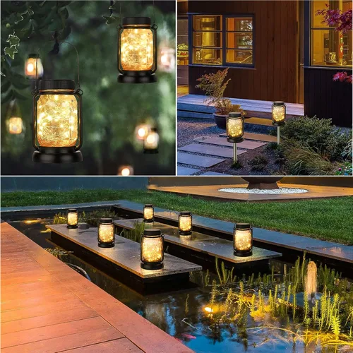 Miniatura 8 de Mlambert Paquete de 4 linternas colgantes solares con estacas, luces de cuerda de hadas solares impermeables para exteriores en frasco Mason, Blanco