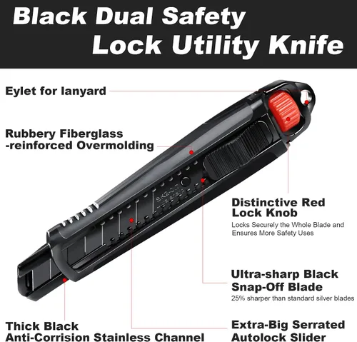 Miniatura 2 de HAUTMEC Cuchillo utilitario resistente de 0.709 in, cortador de caja con mecanismo de bloqueo doble, bloqueo automático y bloqueo de trinquete, hoja