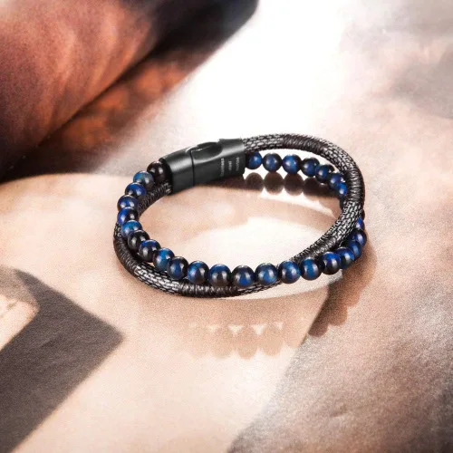 Miniatura 4 de murtoo - Pulsera de piel con cuentas o abalorios para hombre cuentas naturales acero y piel