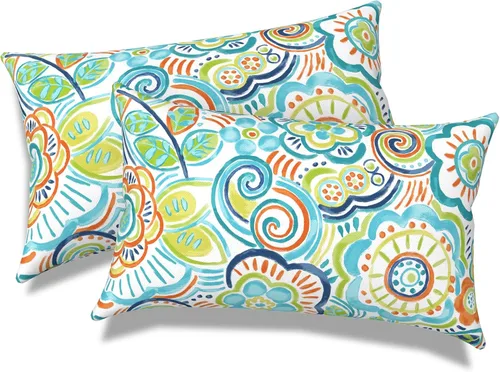 Miniatura 517 de Juego de 2 almohadas para exteriores de 16 x 16 pulgadas, repelentes al agua con interiores, para muebles de patio, hogar, jardín, geometría bohemia