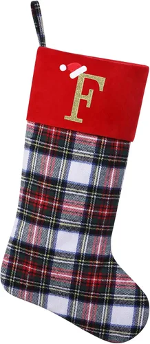 Miniatura 16 de Calcetines de Navidad personalizados con monograma inicial, adornos colgantes, medias clásicas de cuadros negros de 19 pulgadas, decoraciones