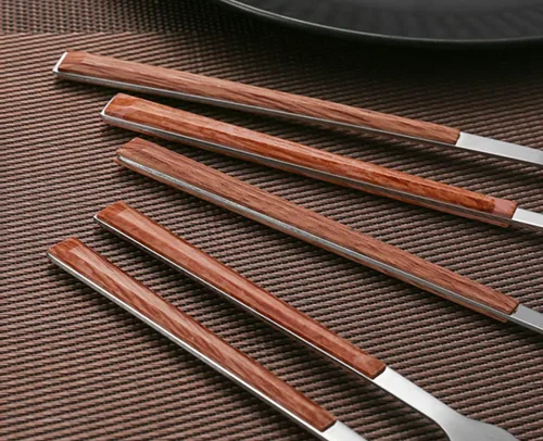 Miniatura 5 de Juego de cubiertos de madera de 30 piezas para 6 cubiertos de acero inoxidable duraderos, juego de cubiertos de madera modernos para el hogar