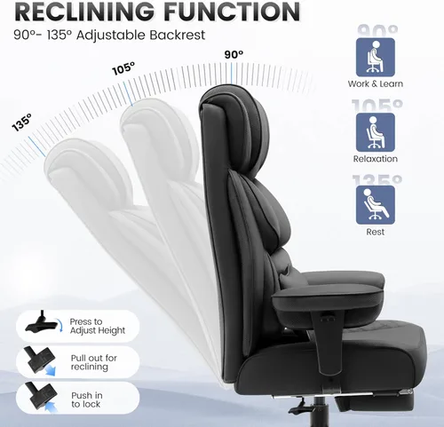 Miniatura 6 de BestGlory Silla de escritorio de oficina, silla de juegos de cuero grande y alta con reposapiés, sillas de computadora reclinables ejecutivas Negro