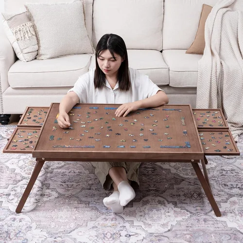 Miniatura 8 de TEAKMAMA Tablero de rompecabezas de madera de 1500 piezas con 4 cajones, mesa de rompecabezas plegable con cubierta protectora, tablero de Marrón