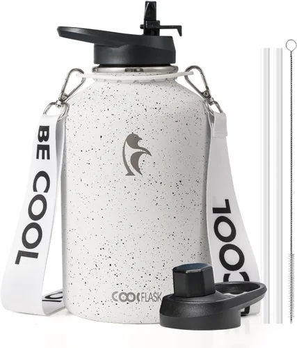 Miniatura 39 de Botella de agua Coolflask de 40 onzas con correa, botella de agua metálica aislada con popote y tapas con pico, acero inoxidable de doble pared al