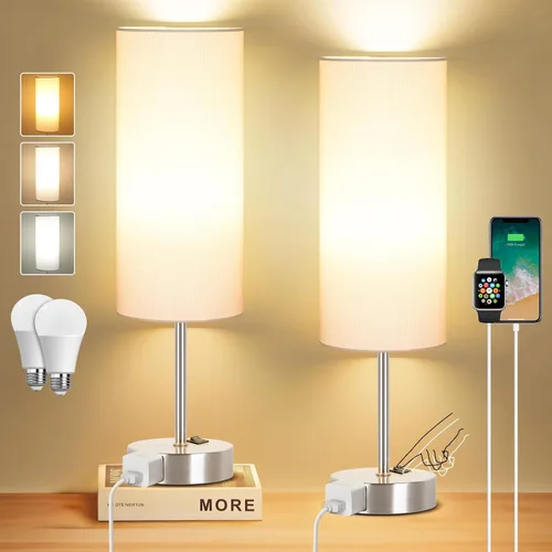 Miniatura 13 de ZJOJO Juego de 2 lámparas de mesa para dormitorio, lámparas pequeñas de noche con interruptor basculante regulable de 3 vías y toma de corriente