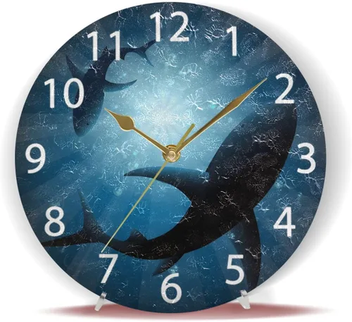 Miniatura 6 de senya Reloj de pared redondo de tiburones bajo el agua, pintura al óleo silenciosa sin tictac, decorativo para el hogar, oficina, escuela, reloj
