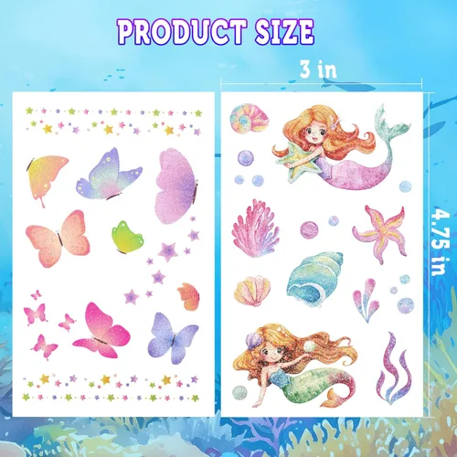 Miniatura 4 de Ozepao Tatuaje temporal con purpurina para niñas, 30 hojas de calcomanías de tatuaje de mariposa, sirena, unicornio para niños, tatuajes falsos