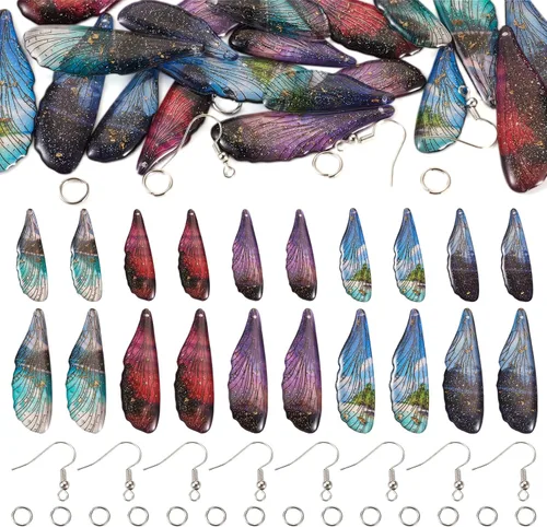 Miniatura 30 de FASHEWELRY 16 aretes de resina con alas de libélula y arco iris, mariposa, colgantes, alas de hada, coloridos dijes con ganchos para aretes, anillos
