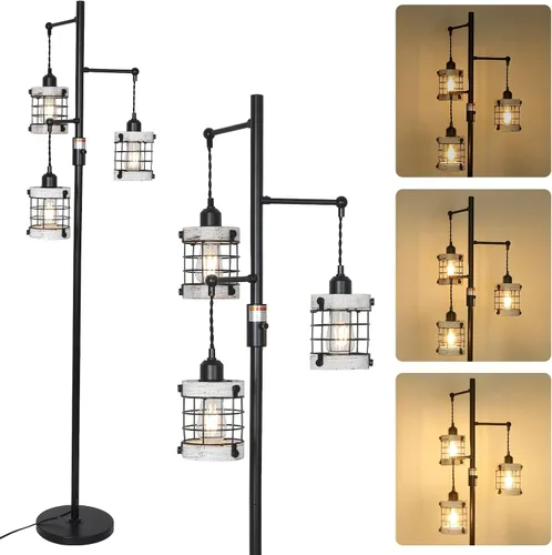 Miniatura 11 de Lámparas de pie regulables para sala de estar, lámpara de pie industrial de 3 luces con jaula de madera y metal, lámpara de pie de granja lámpara