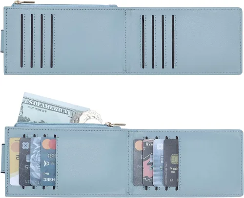 Miniatura 4 de Chelmon Billetera delgada para mujer, con bloqueo RFID, plegable, con bolsillo con cremallera, Azul, Minimalista