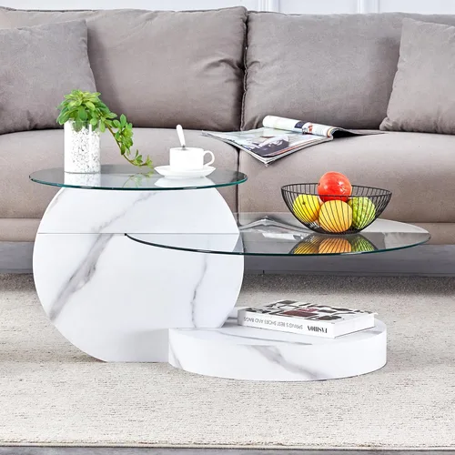 Miniatura 3 de Mesa de café de 35.4" de vidrio, mesa de café redonda, mesa con superficie de vidrio templado de 2 niveles con base de mármol falso blanco, mesa