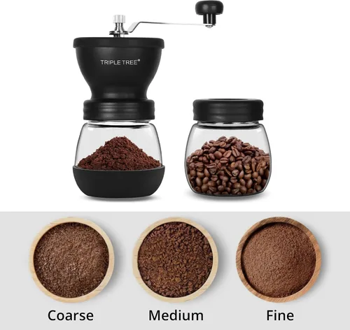 Miniatura 3 de Molinillo de café manual con rebabas de cerámica y mango de acero inoxidable alargado, molinillo de café de mano con 2 frascos de vidrio
