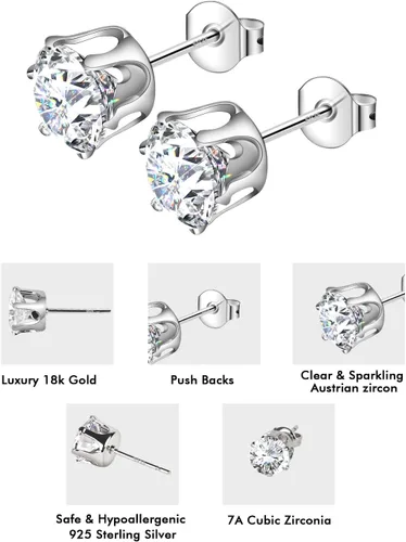 Miniatura 2 de Augell Juego de 5 pares de aretes de plata de ley 925, hipoalergénicos, de oro de 18 quilates, circonita cúbica para mujeres y hombres, regalo