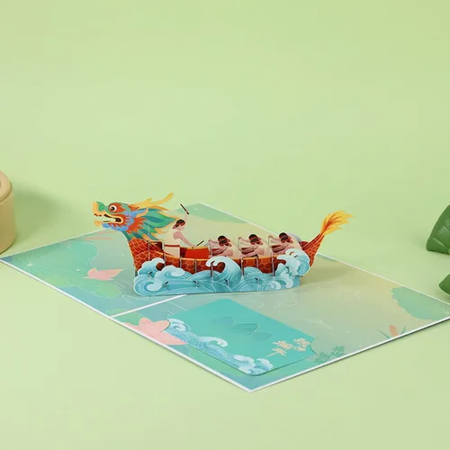 Miniatura 7 de Tarjeta de felicitación del festival de barcos del dragón chino, tarjetas de papel emergentes 3D con sobre para fiesta de Año Nuevo, regalo del día