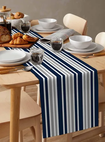 Miniatura 7 de Camino de mesa a rayas, color azul marino, gris, blanco, algodón, bufandas pequeñas de 36 pulgadas, para cocina, café, comedor, sofá, dormitorio