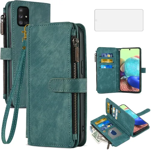 Asuwish Funda de teléfono para Samsung Galaxy A71 5G Funda tipo cartera y protector de pantalla de vidrio templado, soporte de cuero con tapa para