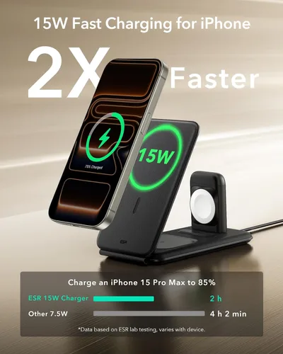 Miniatura 3 de ESR Estación de Carga 3 en 1 para Apple, Cargador Certificado para Apple Watch, Soporte de Cargador MagSafe de 15W para iPhone, Cargador de Viaje
