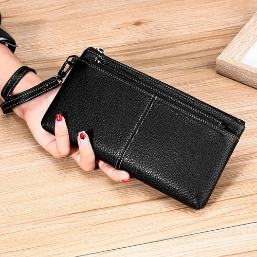 Miniatura 5 de cartera para mujer, Negro-3, Bolso grande para mujer, correa de muñeca para teléfono celular