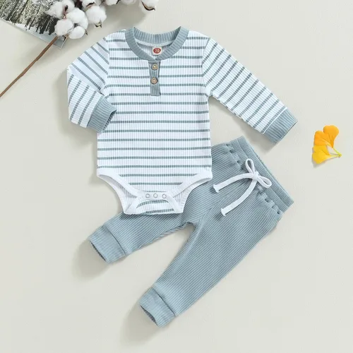 Miniatura 2 de Ropa de bebé recién nacido, ropa de punto acanalado, manga larga, pantalones de algodón sólido, trajes de otoño e invierno, 2 piezas