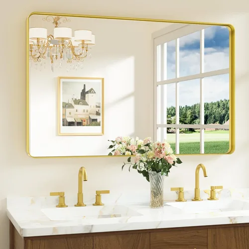 Miniatura 46 de Keonjinn Espejos de baño negros para sobre el fregadero, espejos cuadrados grandes de 36 x 36 pulgadas para pared, espejo rectangular redondeado