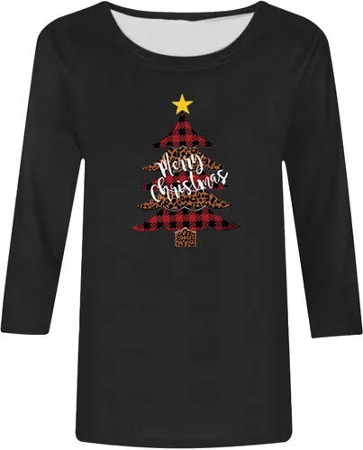 Miniatura 4 de Tuianres Women's Christmas 34 Sleeve Dressy Tops Loose Funny Christmas Tree Shirts Vacation Round Neck T-Shirt Tops