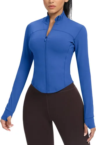 Miniatura 101 de AVGO Chaquetas de entrenamiento recortadas para mujer, con cremallera, ajustadas, atléticas, con agujeros para el pulgar