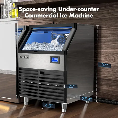 Miniatura 3 de Coolski Máquina comercial para hacer hielo de 200 libras/24 horas, máquina de hielo debajo del mostrador de 26 pulgadas con capacidad
