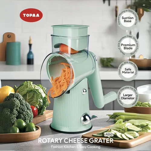 Miniatura 2 de TOPAA Rallador de queso rotativo con mango Triturador de verduras con 5 cuchillas, rebanadora de mandíbula redonda y picadora de alimentos para Verde
