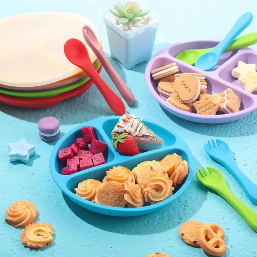 Miniatura 5 de Meanplan Paquete de 6 placas de succión para niños pequeños con tapas, juego de platos de silicona de grado alimenticio, diseño dividido, apto