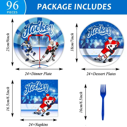 Miniatura 2 de Wiooffen 96 piezas de suministros para fiestas de hockey sobre hielo, platos para fiesta de cumpleaños, juego de servilletas, juego de vajilla