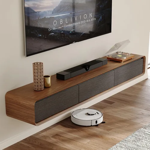 Miniatura 19 de POVISON - Soporte de TV flotante minimalista totalmente ensamblado, moderno centro de entretenimiento montado en la pared con 3 puertas abatibles