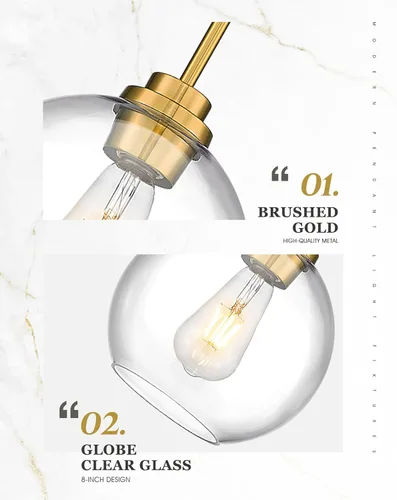 Miniatura 2 de Paquete de 2 Lámparas Colgantes para Isla de Cocina, Lámpara Colgante de 20.3 cm en Oro con Soporte de Vidrio Transparente Esférico, Iluminación