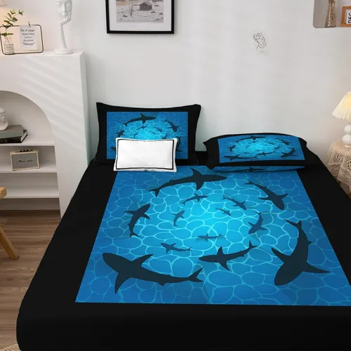 Miniatura 2 de Shark Sheets tamaño California King, sábanas para cama de mar, sábanas y fundas de almohada estampadas de 4 piezas, sábana bajera ajustable
