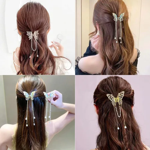 Miniatura 7 de 3 Piezas de Pinzas de Mariposa para el Cabello, Pinzas de Cabellera con Borla de Mariposa, Pinzas de Mariposa con Pedrería de Metal, Pinzas
