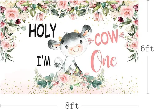 Miniatura 3 de MEHOFOND Telón de fondo de vaca sagrada con texto en inglés «Holy Cow I'm One» de 8 x 6 pies con diseño floral rosa de vaca niña feliz 1er