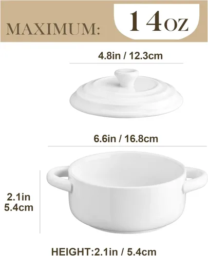 Miniatura 2 de MALACASA Mini Cocotte Set - 14 OZ (aproximadamente 396.89g) Platos pequeños de cazuela con tapas y asas, juego de 4 ollas holandesas mini de Blanco