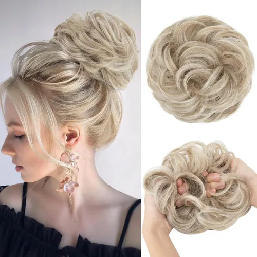 Miniatura 18 de CJL HAIR Extensiones de cabello sintético de moño desordenado, ondulado, rizado, grueso, para coleta, para mujer (rubio blanco)